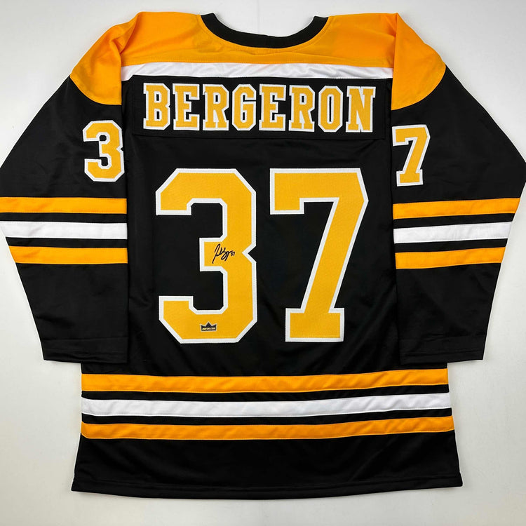 Facsimile Autographed Patrice Bergeron Boston Black Reprint Laser Auto Hockey Jersey Size Men's XL