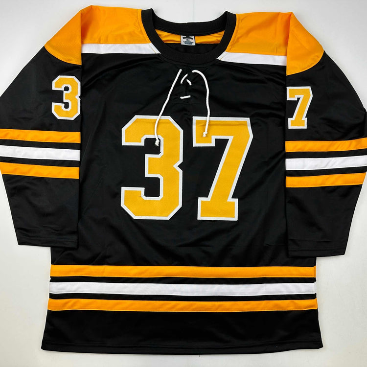 Facsimile Autographed Patrice Bergeron Boston Black Reprint Laser Auto Hockey Jersey Size Men's XL