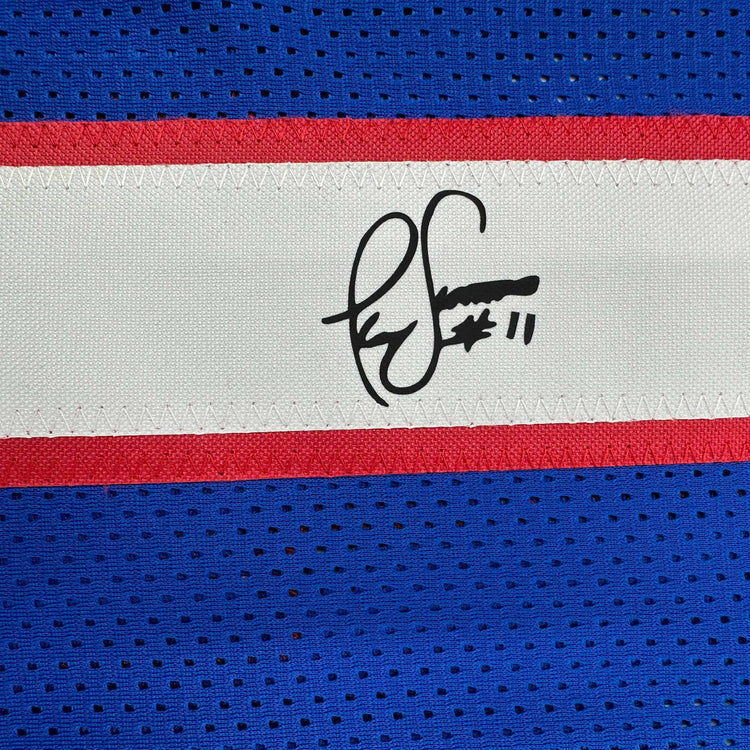 Framed Facsimile Autographed Phil Simms 35x39 New York Blue Reprint Laser Auto Football Jersey