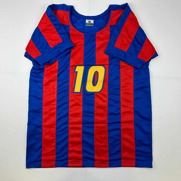 Facsimile Autographed Ronaldinho FC Barcelona Blue/Red Reprint Laser Auto Soccer Jersey Size Men's XL