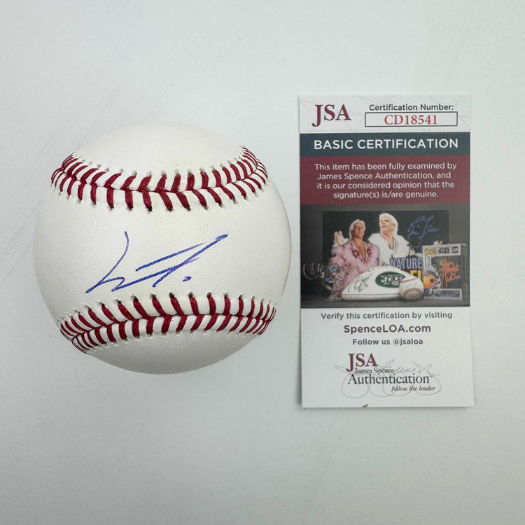Autographed/Signed Junior Caminero Rawlings Official Major League ROML Baseball Beckett BAS COA