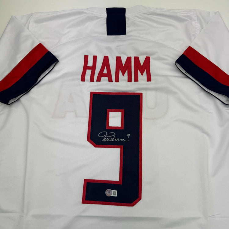 Autographed/Signed Mia Hamm White Soccer Team USA United States World Cup Jersey Beckett BAS COA