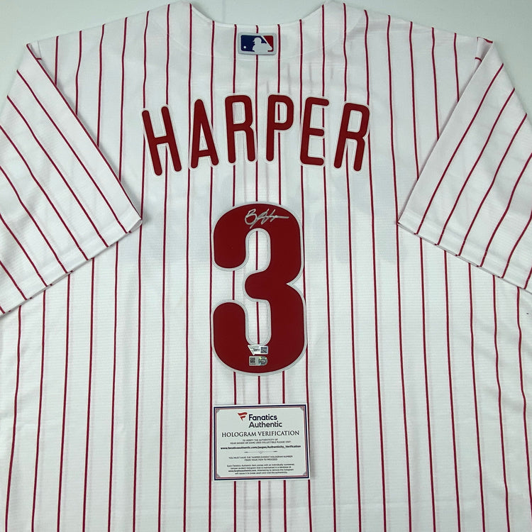 Autographed/Signed Bryce Harper Philadelphia Phillies Pinstripe Replica Baseball Jersey Fanatics & MLB COA