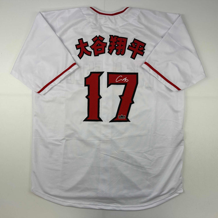 Facsimile Autographed Shohei Ohtani Kanji Los Angeles LA Anaheim White Reprint Laser Auto Baseball Jersey Size Men's XL