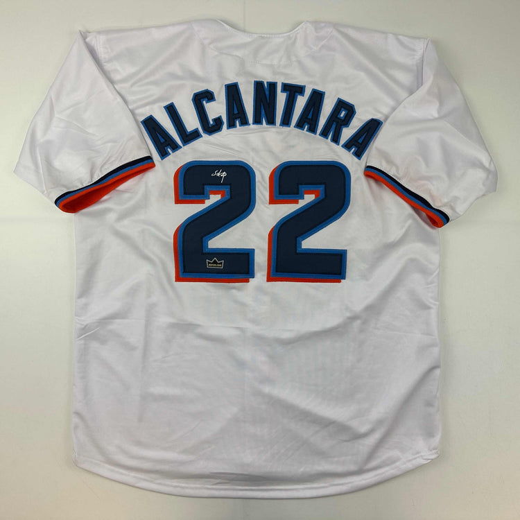 Facsimile Autographed Sandy Alcantara Miami White Reprint Laser Auto Baseball Jersey Size Men's XL