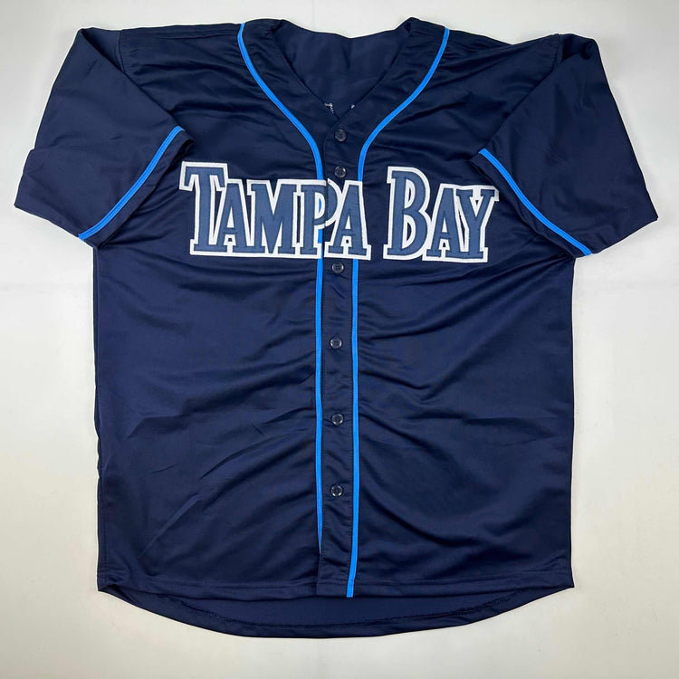 Facsimile Autographed Shane McClanahan Tampa Bay Navy Blue Reprint Laser Auto Baseball Jersey Size Men's XL