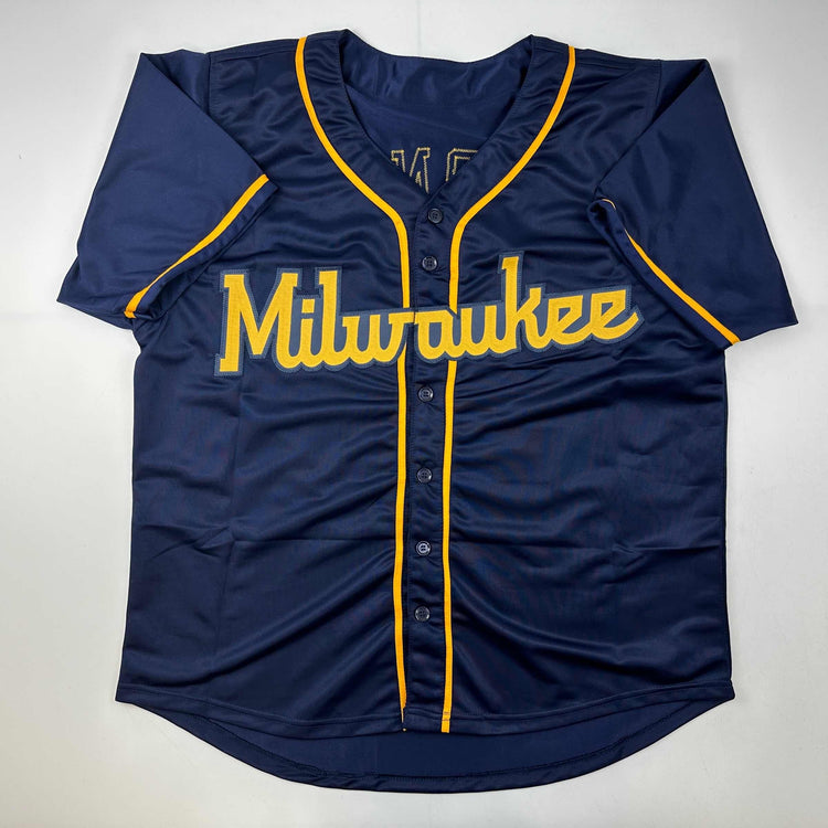 Facsimile Autographed Corbin Burnes Milwaukee Blue Reprint Laser Auto Baseball Jersey Size Men's XL