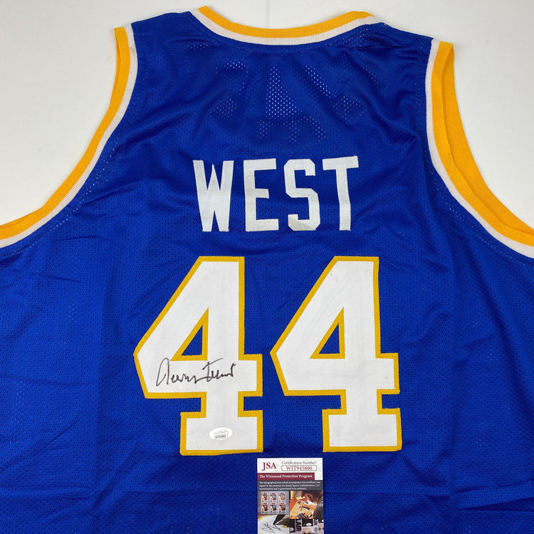 Autographed/Signed Jerry West West Virginia Blue College Basketball Jersey JSA COA
