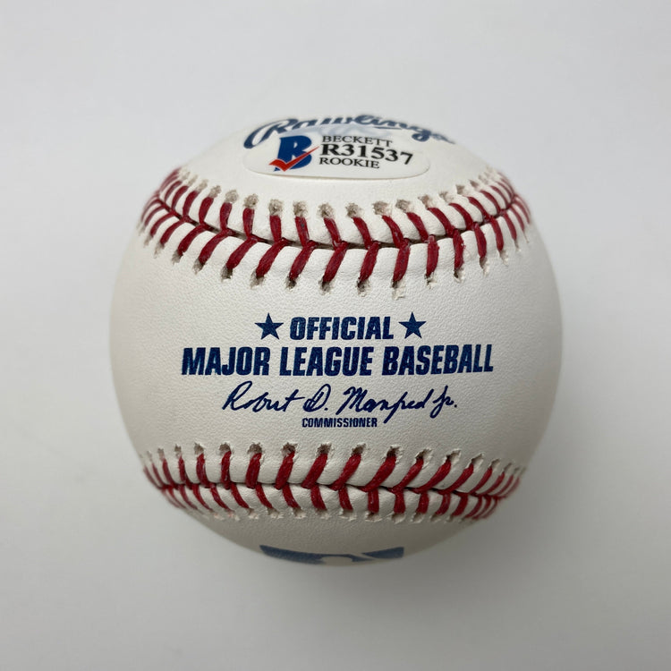 Autographed/Signed Jo Adell 2017 1st Round Pick Rawlings Official Major League Baseball ROML Beckett BAS COA Auto