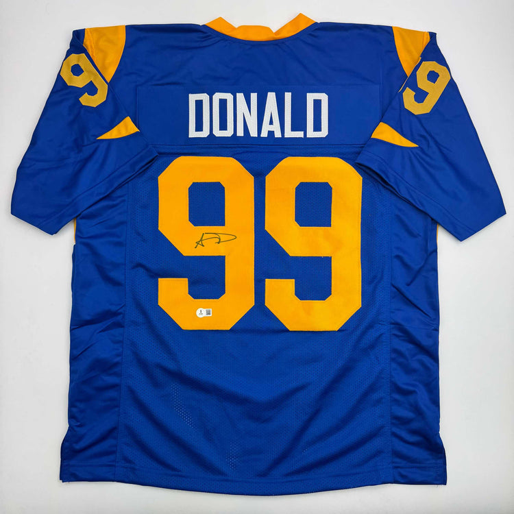 Autographed/Signed Aaron Donald Los Angeles LA Retro Blue Football Jersey Beckett BAS COA