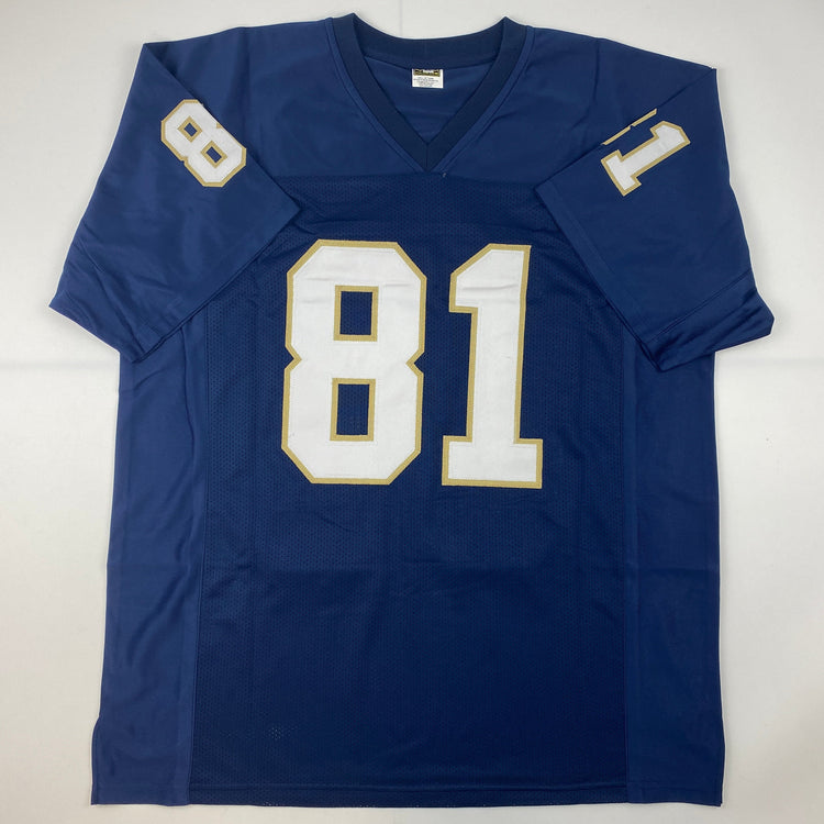 Autographed/Signed Tim Brown Heisman 87 Notre Dame Blue College Football Jersey Beckett BAS COA