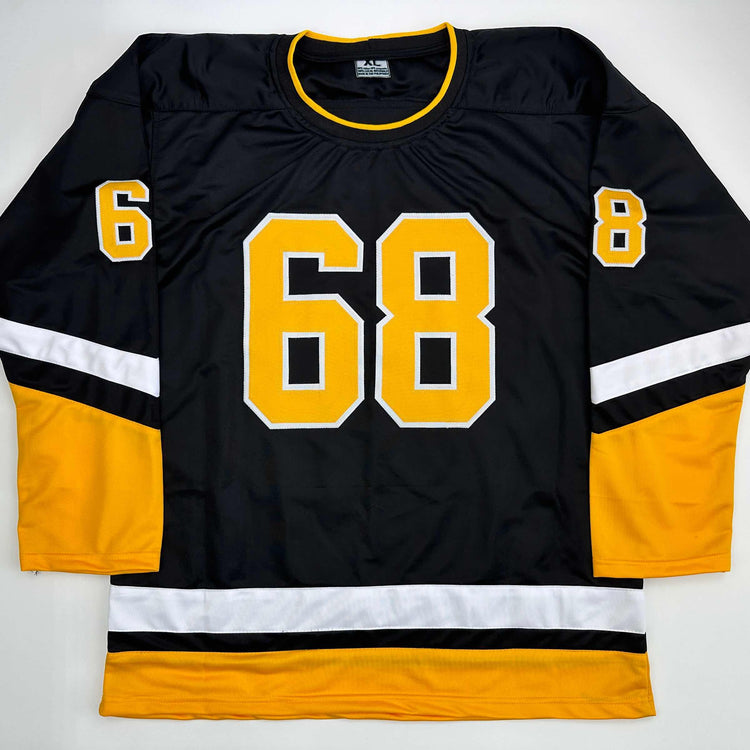 Facsimile Autographed Jaromir Jagr Pittsburgh Black Reprint Laser Auto Hockey Jersey Size Men's XL
