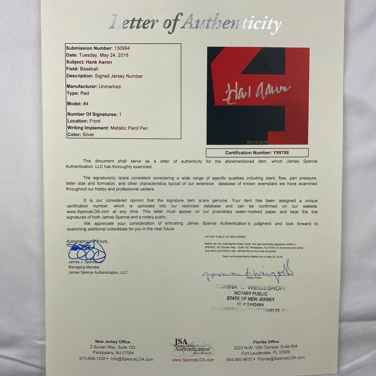 Autographed/Signed Hank Henry Aaron Atlanta White Baseball Jersey JSA COA/LOA