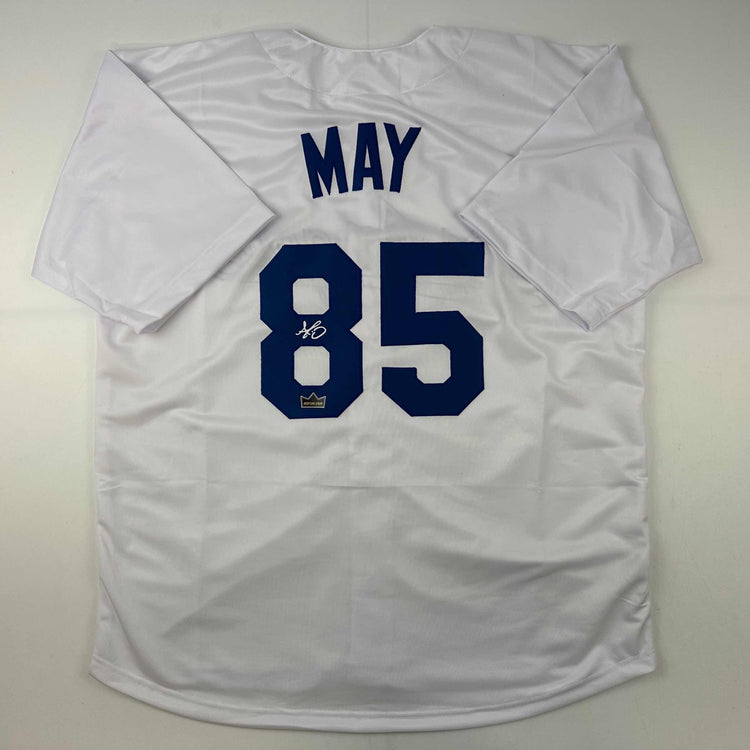 Facsimile Autographed Dustin May Los Angeles LA White Reprint Laser Auto Baseball Jersey Size Men's XL