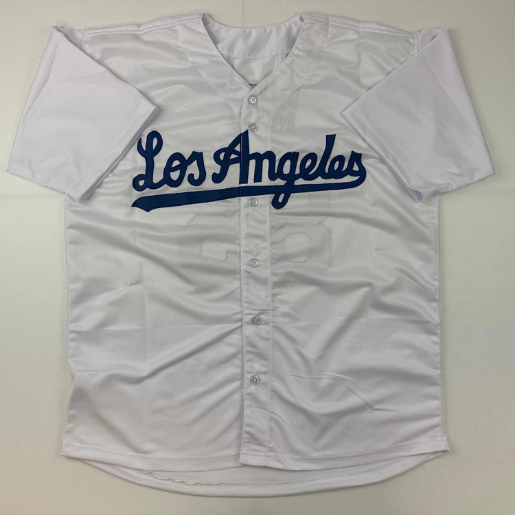 Facsimile Autographed Dustin May Los Angeles LA White Reprint Laser Auto Baseball Jersey Size Men's XL