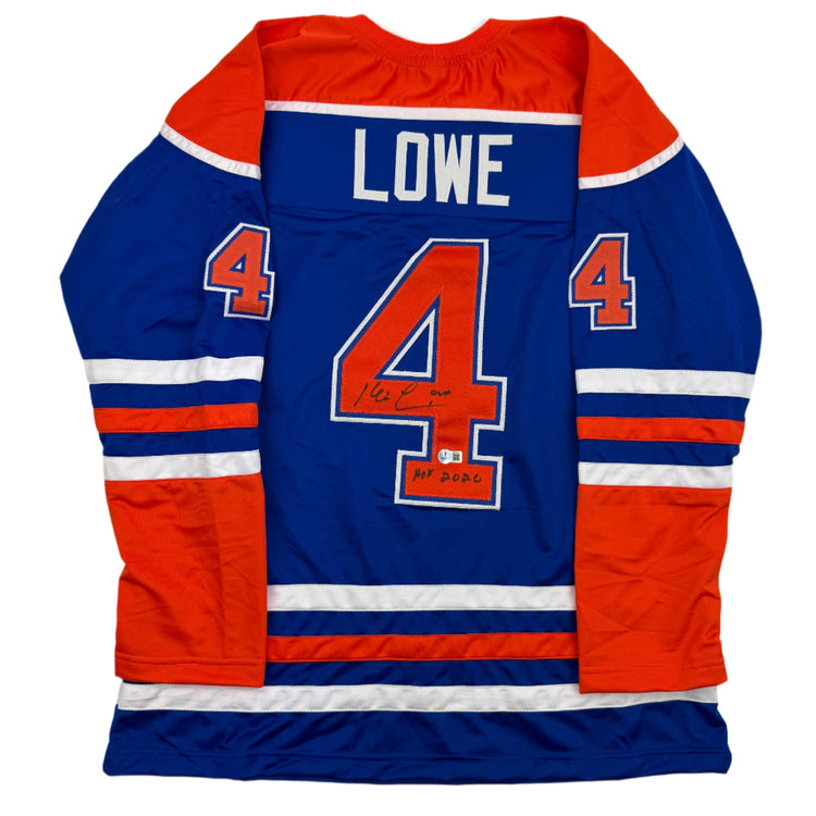 Autographed/Signed Kevin Lowe "HOF 2020" Edmonton Blue Hockey Jersey Beckett BAS COA