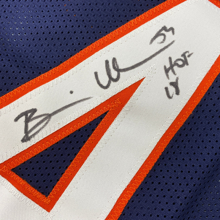 Autographed/Signed Brian Urlacher HOF 18 Chicago Blue Football Jersey Beckett BAS COA