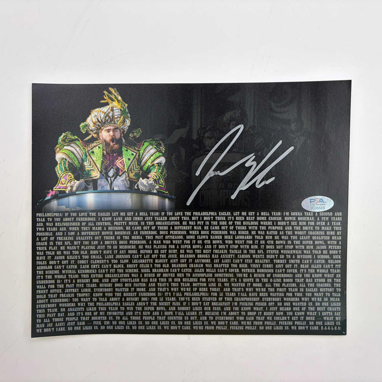 Autographed/Signed Jason Kelce Super Bowl Parade Speech Transcript Mummers Philadelphia Eagles 8x10 Football Photo PSA/DNA COA