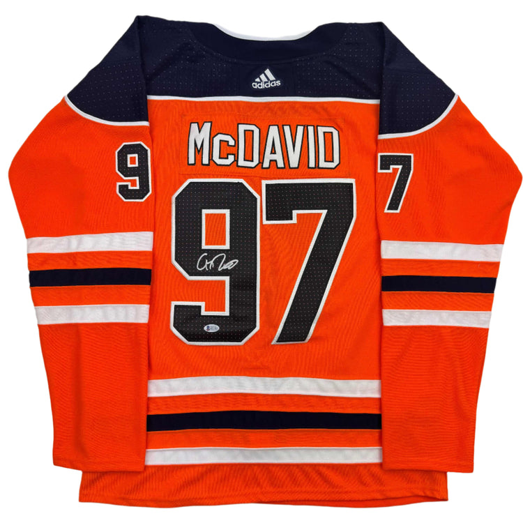 Autographed/Signed Connor McDavid Edmonton Orange Hockey Jersey Beckett BAS COA