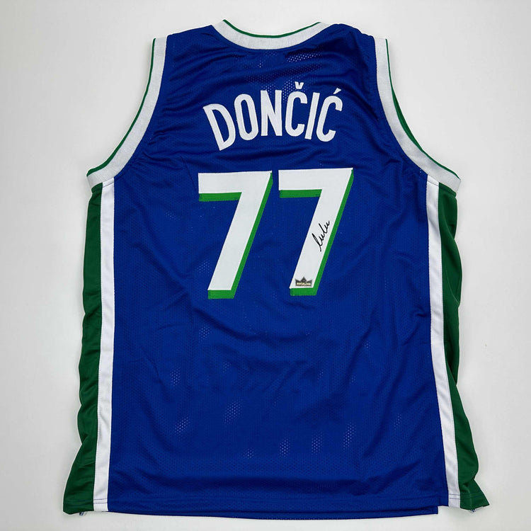 Facsimile Autographed Luka Doncic Dallas Retro Blue Reprint Laser Auto Basketball Jersey Size Men's XL