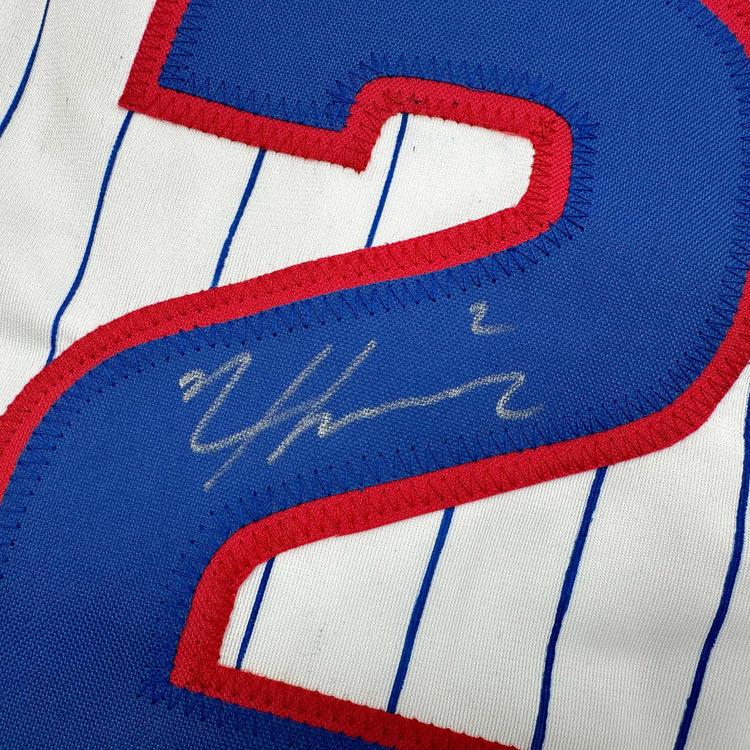 Autographed/Signed Nico Hoerner Chicago Pinstripe Baseball Jersey Beckett BAS COA