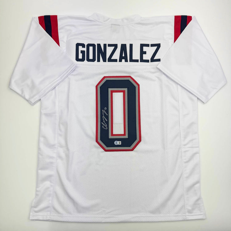 Autographed/Signed Christian Gonzalez New England White Football Jersey Beckett BAS COA