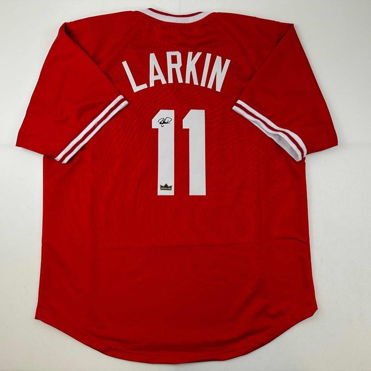 Facsimile Autographed Barry Larkin Cincinnati Red Reprint Laser Auto Baseball Jersey Size Men's XL