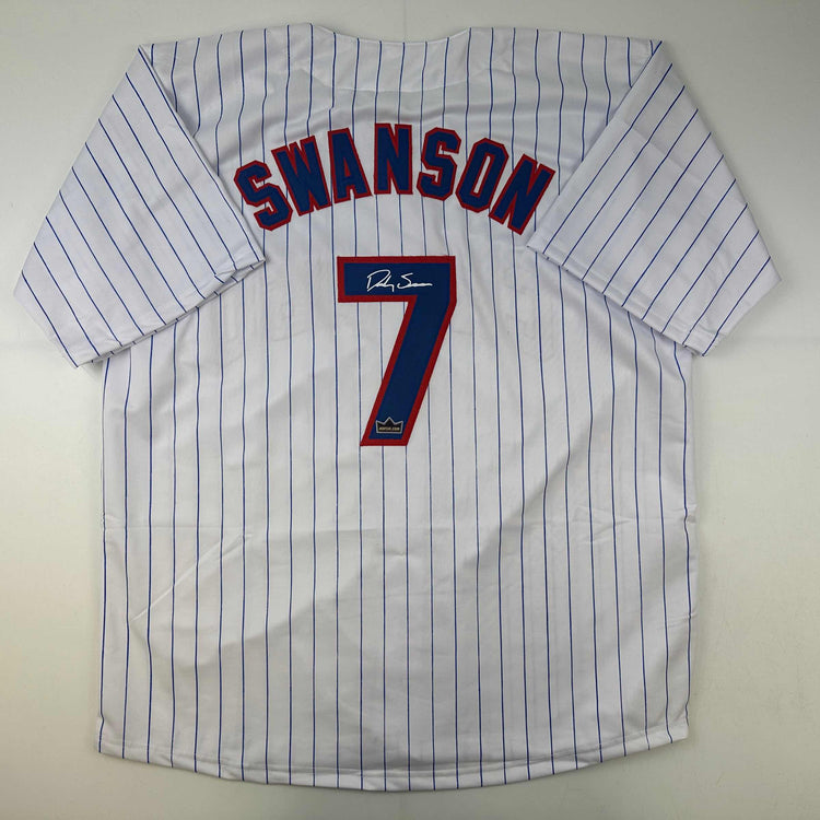 Facsimile Autographed Dansby Swanson Chicago Pinstripe Reprint Laser Auto Baseball Jersey Size Men's XL