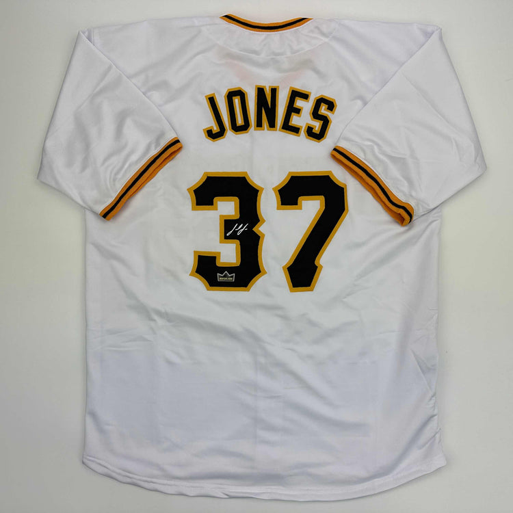 Facsimile Autographed Jared Jones Pittsburgh White Reprint Laser Auto Baseball Jersey Size Men's XL