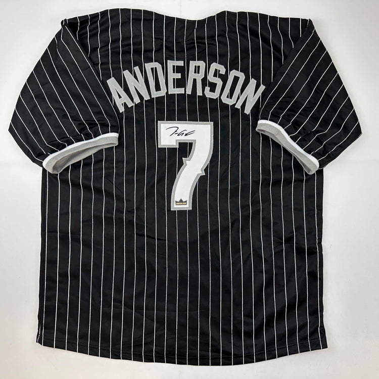 Facsimile Autographed Tim Anderson Chicago Black Pinstripe City Connect Reprint Laser Auto Baseball Jersey Size Men's XL