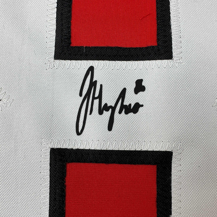 Facsimile Autographed Jack Hughes New Jersey Red Reprint Laser Auto Hockey Jersey Size Men's XL