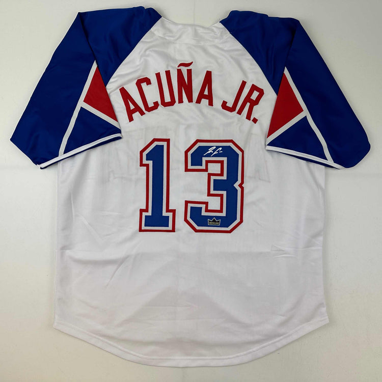 Facsimile Autographed Ronald Acuna Jr. Atlanta White Reprint Laser Auto Baseball Jersey Size Men's XL