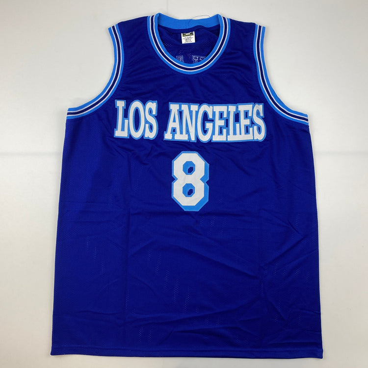 Facsimile Autographed Kobe Bryant #8 Los Angeles LA Retro Blue Reprint Laser Auto Basketball Jersey Size Men's XL