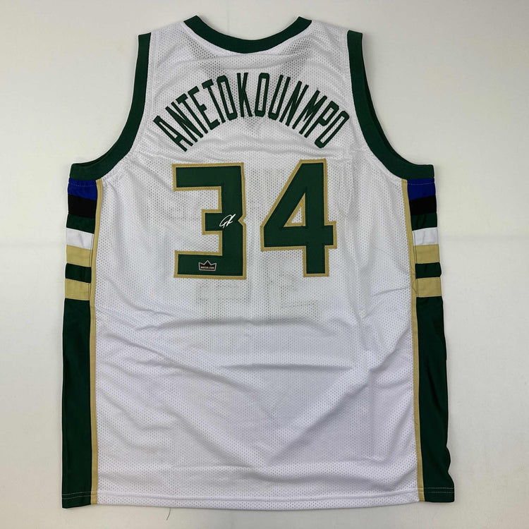 Facsimile Autographed Giannis Antetokounmpo Milwaukee White Reprint Laser Auto Basketball Jersey Size Men's XL