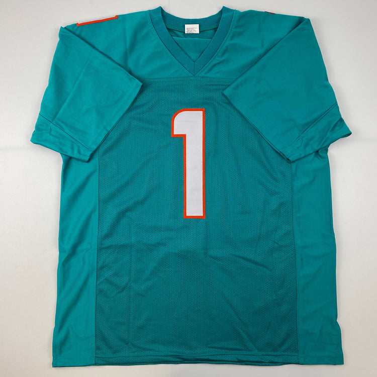 Facsimile Autographed Tua Tagovailoa Miami Teal Reprint Laser Auto Football Jersey Size Men's XL