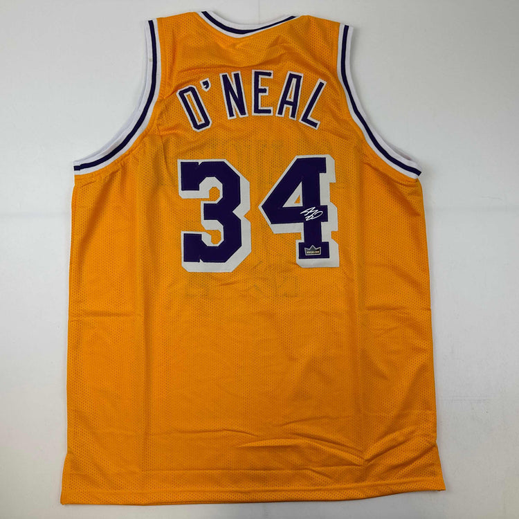Facsimile Autographed Shaquille Shaq O'Neal Los Angeles LA Yellow Reprint Laser Auto Basketball Jersey Size Men's XL