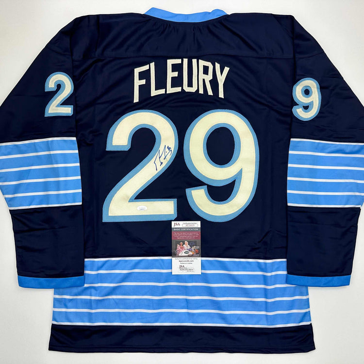 Autographed/Signed Marc-Andre Fleury Pittsburgh Blue Winter Classic Hockey Jersey JSA COA