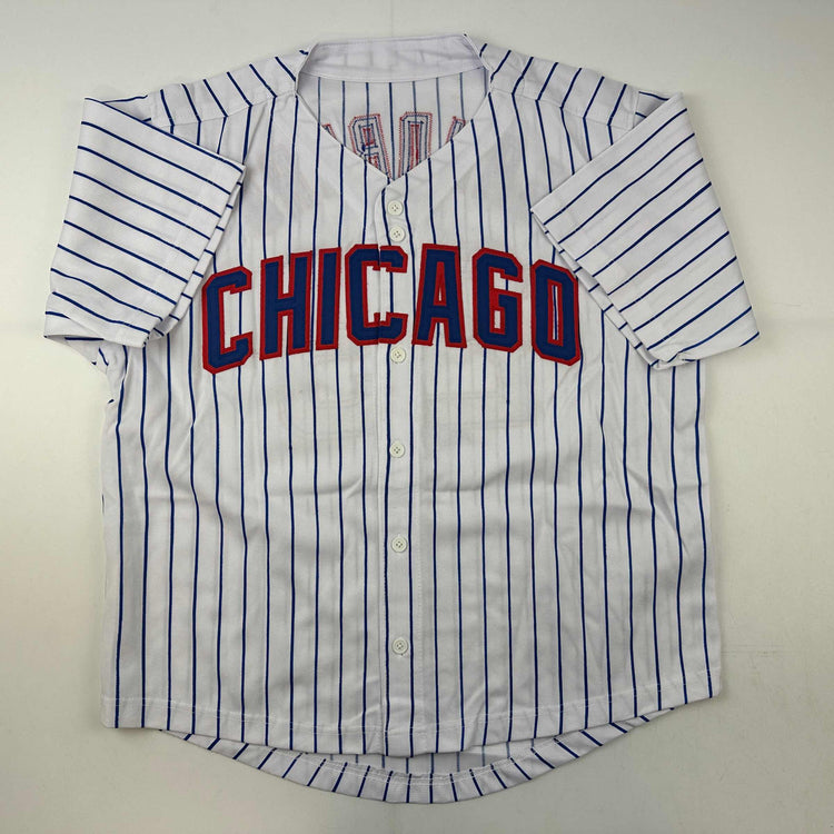 Facsimile Autographed Ryne Sandberg Chicago Pinstripe Reprint Laser Auto Baseball Jersey Size Men's XL