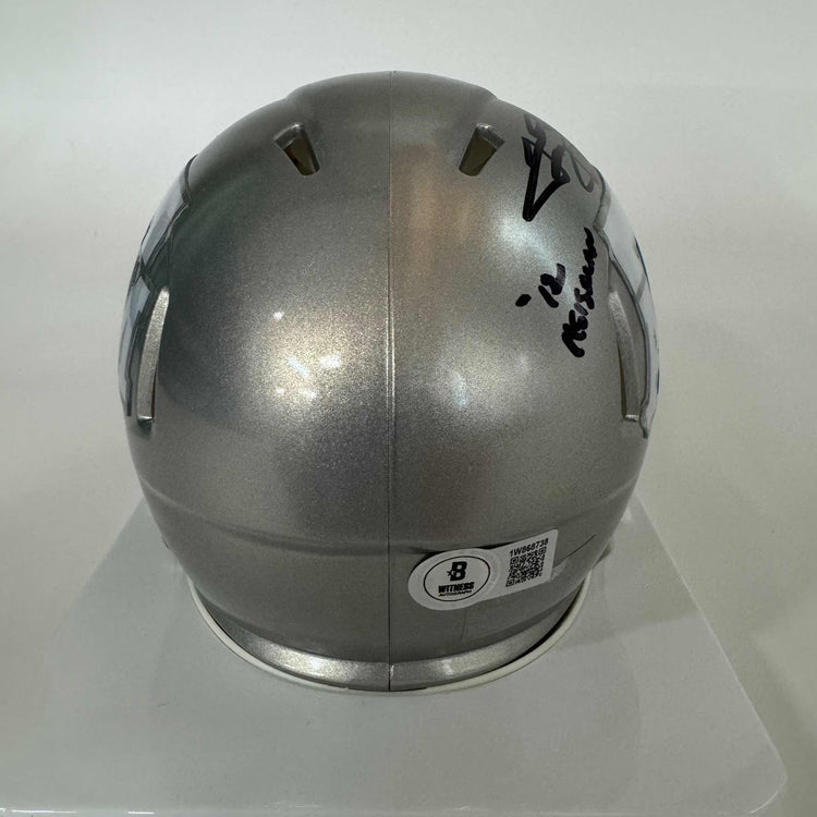 Autographed/Signed Johnny Manziel 12 Heisman Texas A&M Aggies College Football Silver Flash Mini Helmet Beckett BAS COA