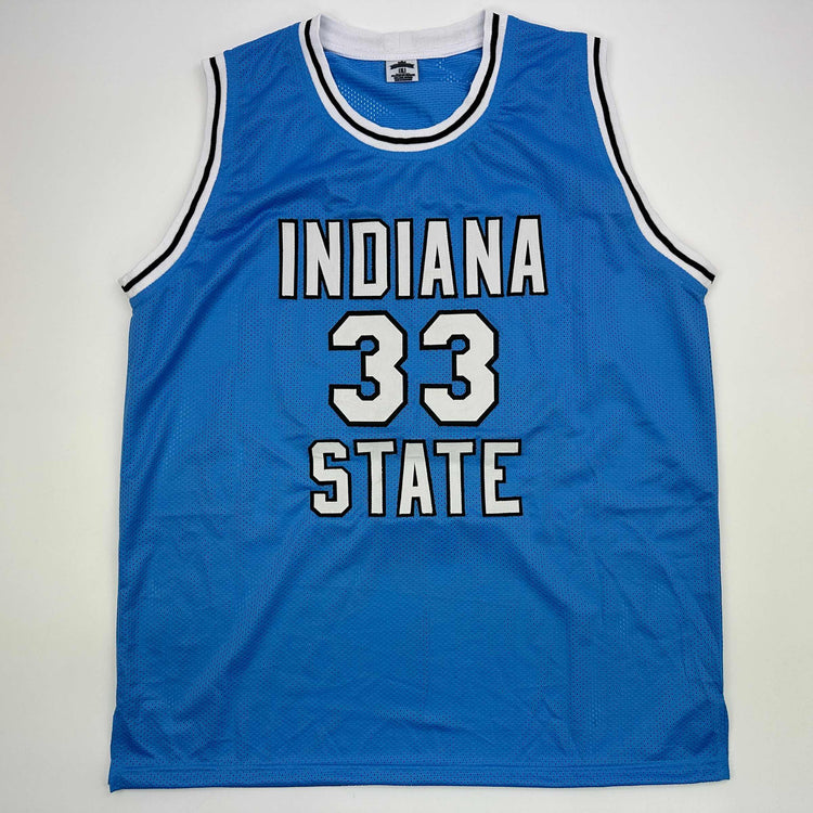Facsimile Autographed Larry Bird Indiana State Blue Reprint Laser Auto College Basketball Jersey Size Men's XL