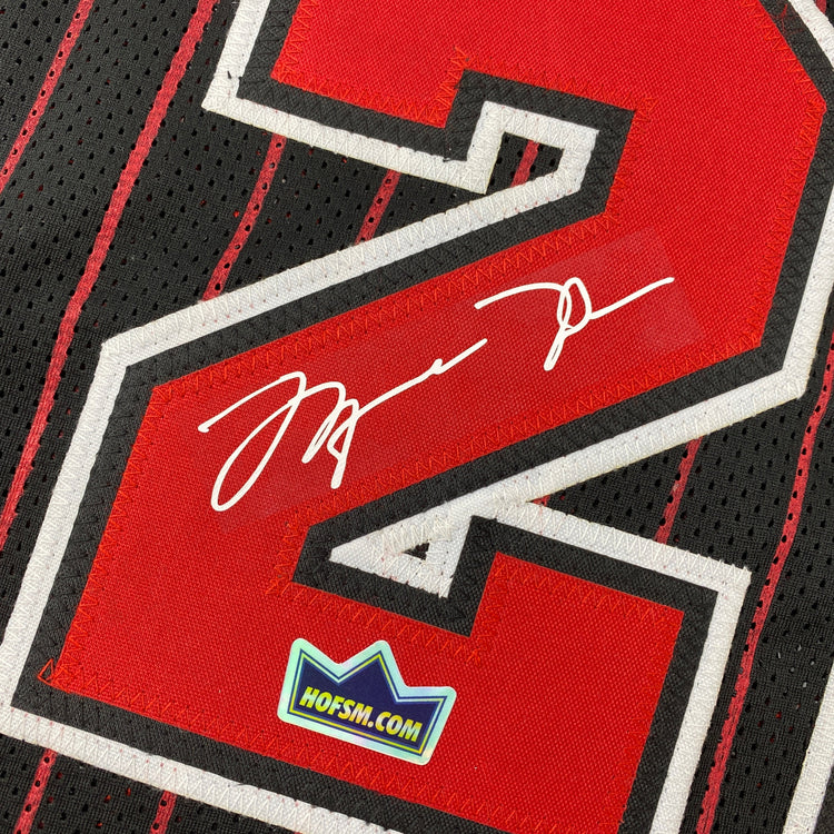 Facsimile Autographed Michael Jordan Chicago Black Pinstripe Reprint Laser Auto Basketball Jersey Size Men's XL