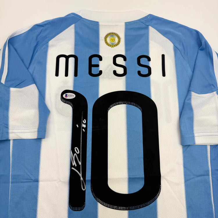 Autographed/Signed Lionel Leo Messi Argentina Blue/White Soccer Jersey Beckett BAS COA
