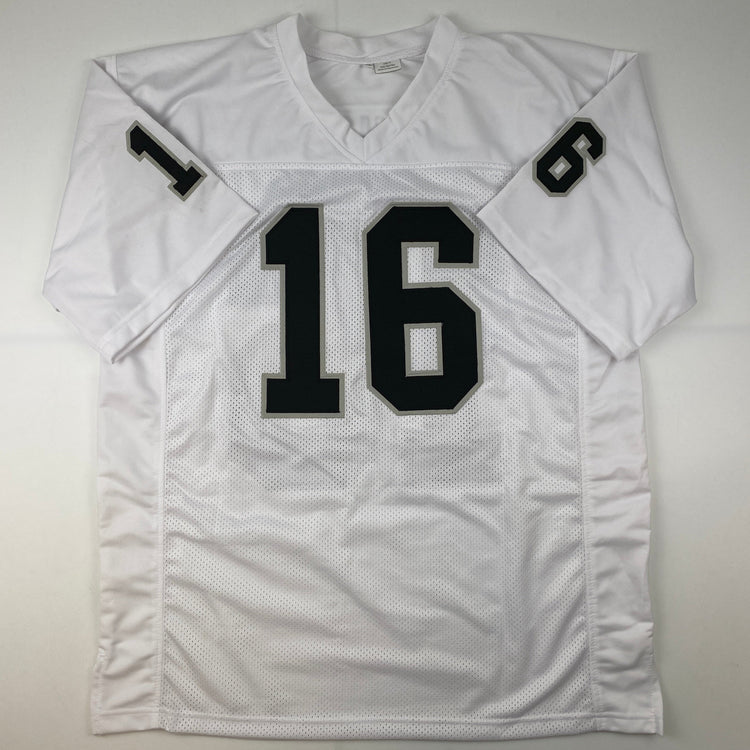 Autographed/Signed Jim Plunkett SB XV MVP Oakland Las Vegas White Football Jersey JSA COA