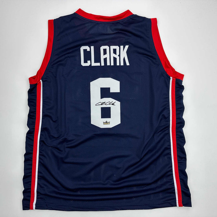 Facsimile Autographed Caitlin Clark United States Team USA Blue FIBA U-19 Reprint Laser Auto Basketball Jersey Size Men's XL