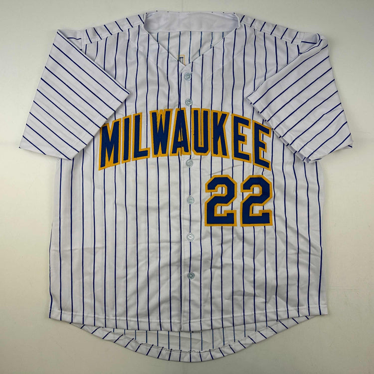 Facsimile Autographed Christian Yelich Milwaukee Pinstripe Reprint Laser Auto Baseball Jersey Size Men's XL