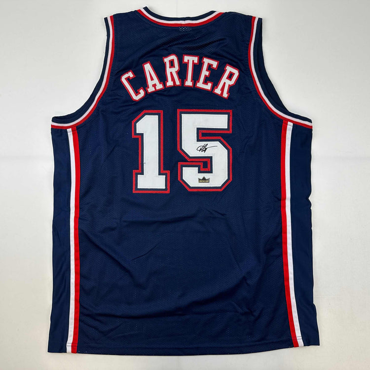 Facsimile Autographed Vince Carter New Jersey NJ Blue Reprint Laser Auto Basketball Jersey Size Men's XL