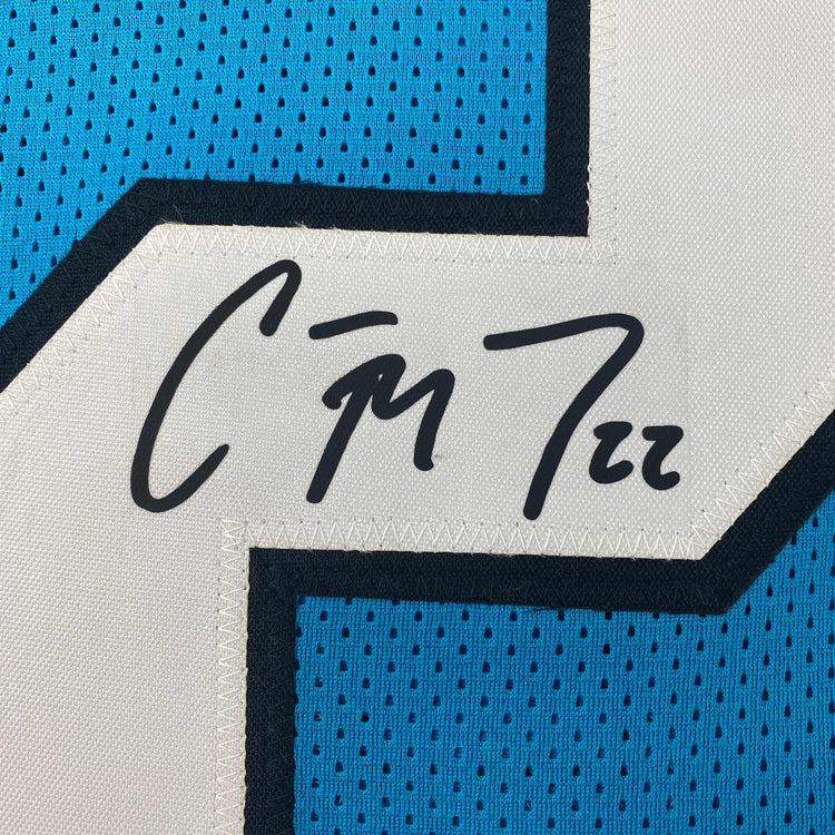 Facsimile Autographed Christian McCaffrey Carolina Blue Reprint Laser Auto Football Jersey Size Men's XL