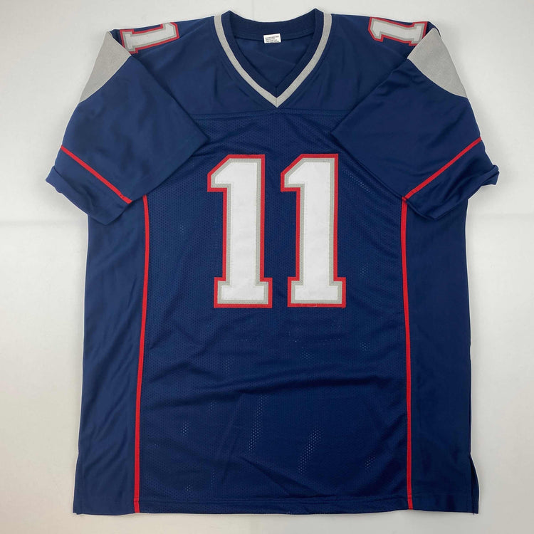 Facsimile Autographed Julian Edelman New England Blue Reprint Laser Auto Football Jersey Size Men's XL