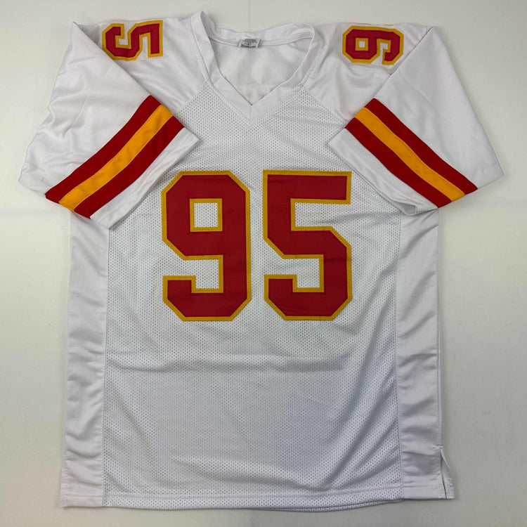 Autographed/Signed Chris Jones Kansas City White Football Jersey JSA COA