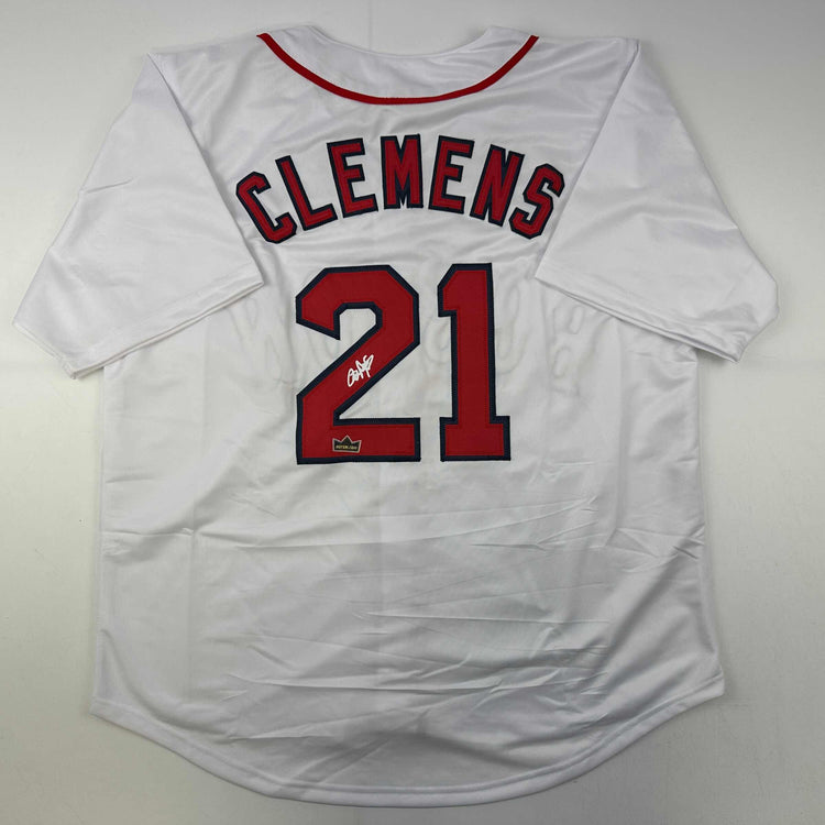 Facsimile Autographed Roger Clemens Boston White Reprint Laser Auto Baseball Jersey Size Men's XL